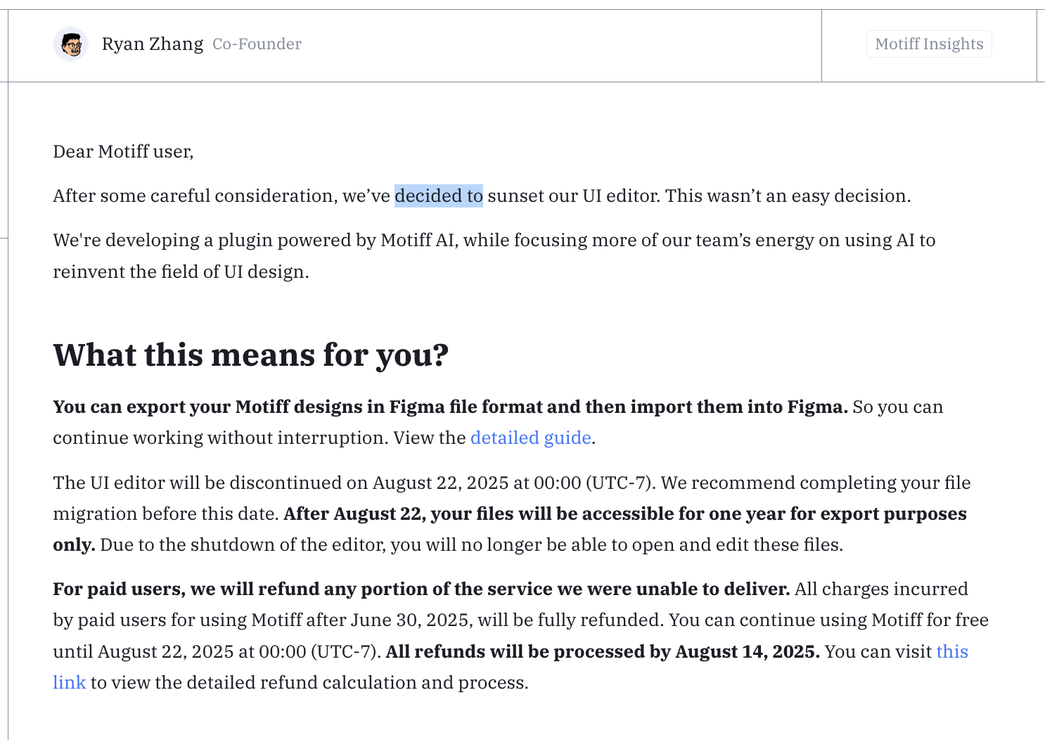 Motiff AI, UI Design Tool memutuskan Sunset